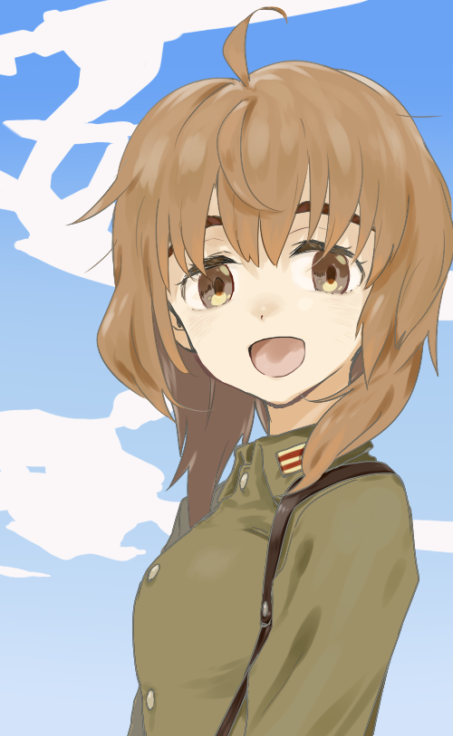 1girl ahoge brown_eyes brown_hair buttons clouds commentary_request homare_(homaredai) inufusa_yuno looking_at_viewer military military_uniform open_mouth short_hair smile solo uniform upper_body world_witches_series