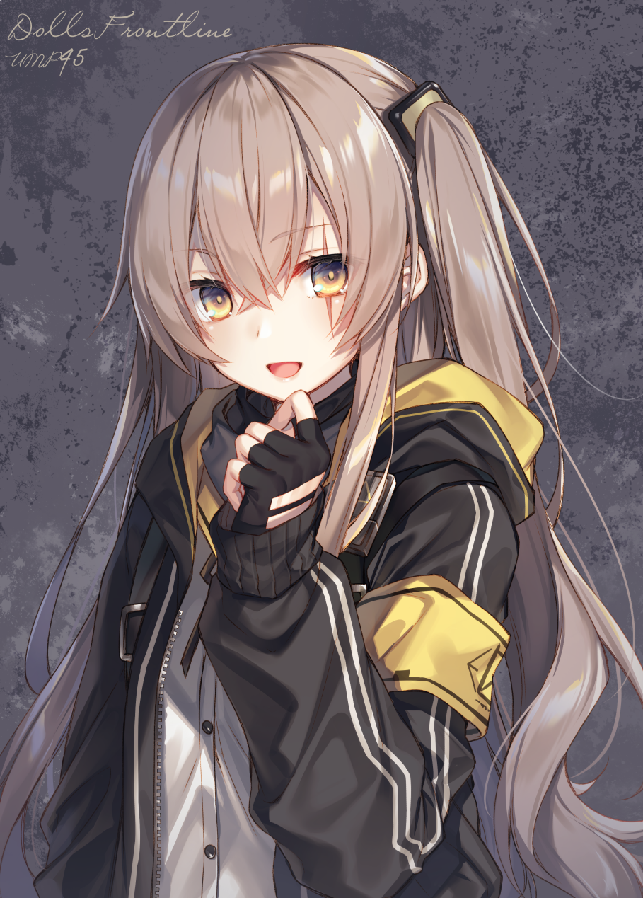 1girl :d armband bangs black_gloves black_jacket black_ribbon blush buttons character_name crossed_bangs eyebrows_visible_through_hair fingerless_gloves girls_frontline gloves hair_between_eyes hair_ornament hand_up highres hood hood_down hooded_jacket jacket light_brown_hair long_hair long_sleeves looking_at_viewer neck_ribbon one_side_up open_clothes open_jacket open_mouth ribbon scar scar_across_eye scarf shirt sidelocks signature smile toosaka_asagi ump45_(girls_frontline) upper_body white_shirt yellow_eyes