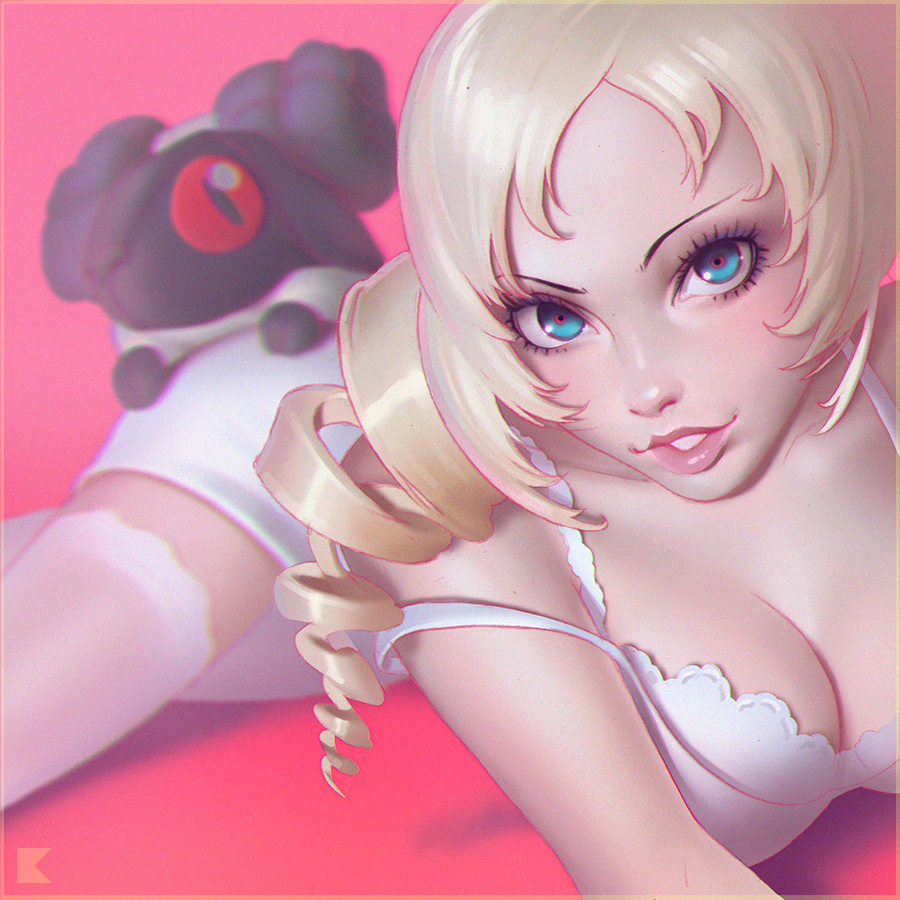 1girl blonde_hair blue_eyes bra breasts catherine catherine_(game) chromatic_aberration cleavage commentary dress drill_hair dutch_angle eyebrows eyelashes eyes ilya_kuvshinov legs_crossed lips looking_at_viewer lying medium_breasts medium_hair nose on_side parted_lips realistic sheep short_dress solo strap_slip twin_drills underwear white_bra white_legwear