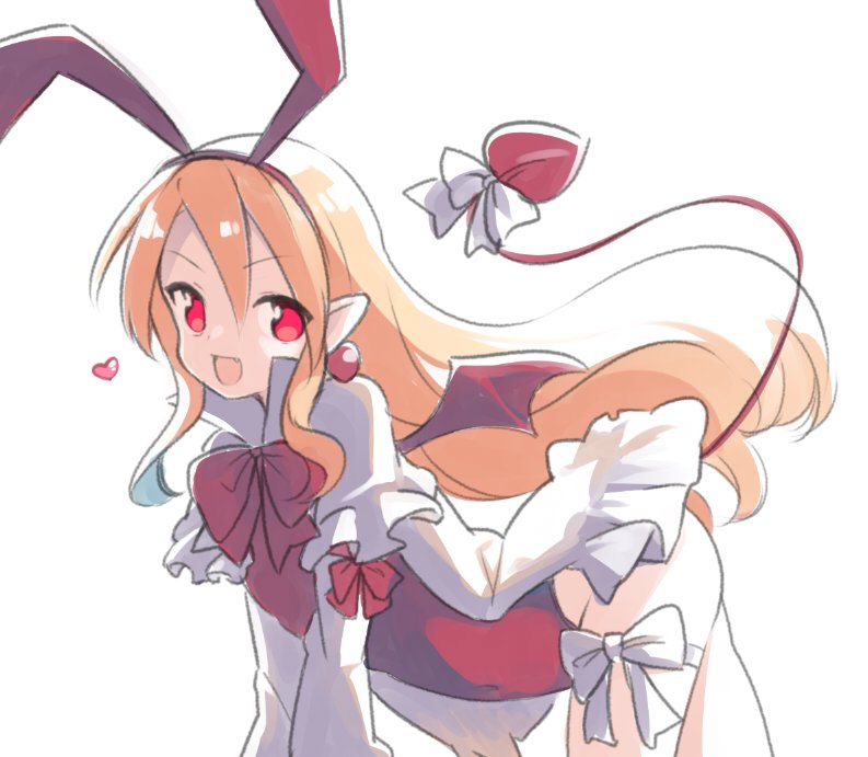 1girl :d bangs blonde_hair bow commentary_request demon_girl demon_tail demon_wings disgaea dress earrings eyebrows_visible_through_hair fang flonne flonne_(fallen_angel) hair_between_eyes hair_ribbon hairband heart jewelry leotard long_hair long_sleeves looking_at_viewer looking_to_the_side natsuki_teru open_mouth pointy_ears red_bow red_eyes red_hairband red_leotard red_ribbon red_wings ribbon simple_background smile solo tail tail_bow tail_raised very_long_hair white_background white_bow white_dress wings