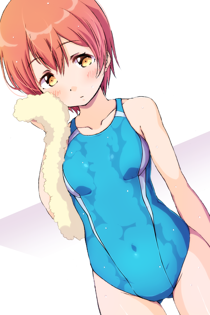 1girl blue_swimsuit blush breasts collarbone drying dutch_angle eyebrows_visible_through_hair gluteal_fold highres holding holding_towel hoshizora_rin looking_at_viewer love_live! love_live!_school_idol_project one-piece_swimsuit orange_hair sen_(sen0910) short_hair small_breasts solo swimsuit towel wet wet_clothes wet_swimsuit yellow_eyes