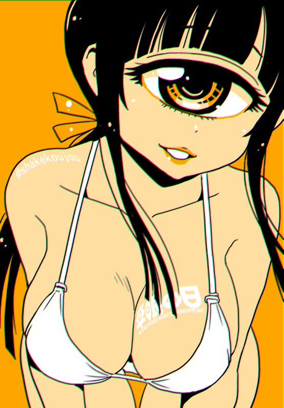 1girl bangs bent_over bikini blunt_bangs breasts chromatic_aberration commentary_request cyclops hitomi_sensei_no_hokenshitsu large_breasts long_hair looking_at_viewer manaka_hitomi one-eyed orange_background parted_lips shake-o simple_background smile solo swimsuit twitter_username white_bikini