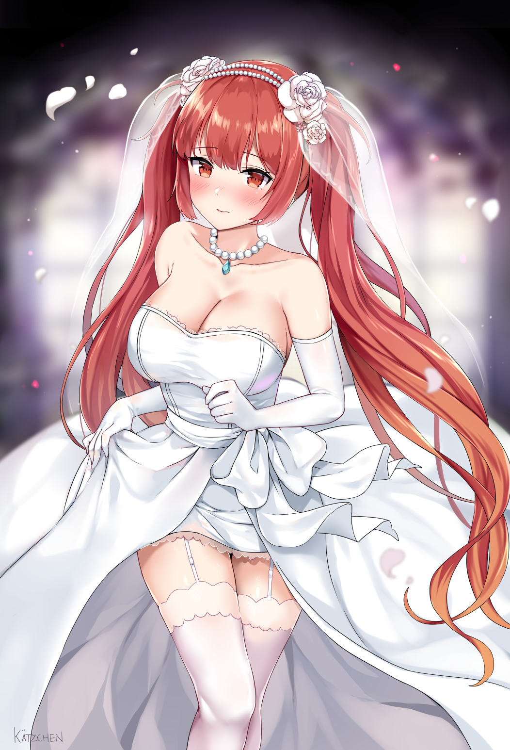 1girl 3: azur_lane bangs bare_shoulders blurry blurry_background blush bow breasts bridal_veil bride cleavage closed_mouth collarbone commentary_request depth_of_field dress elbow_gloves eyebrows_visible_through_hair flower garter_straps gloves hair_flower hair_ornament highres honolulu_(azur_lane) jewelry kaetzchen large_breasts long_hair looking_at_viewer necklace pearl_necklace petals red_eyes redhead revision rose see-through signature skirt_hold solo strapless strapless_dress thigh-highs thighs twintails veil very_long_hair wedding wedding_dress white_bow white_dress white_flower white_gloves white_legwear white_rose