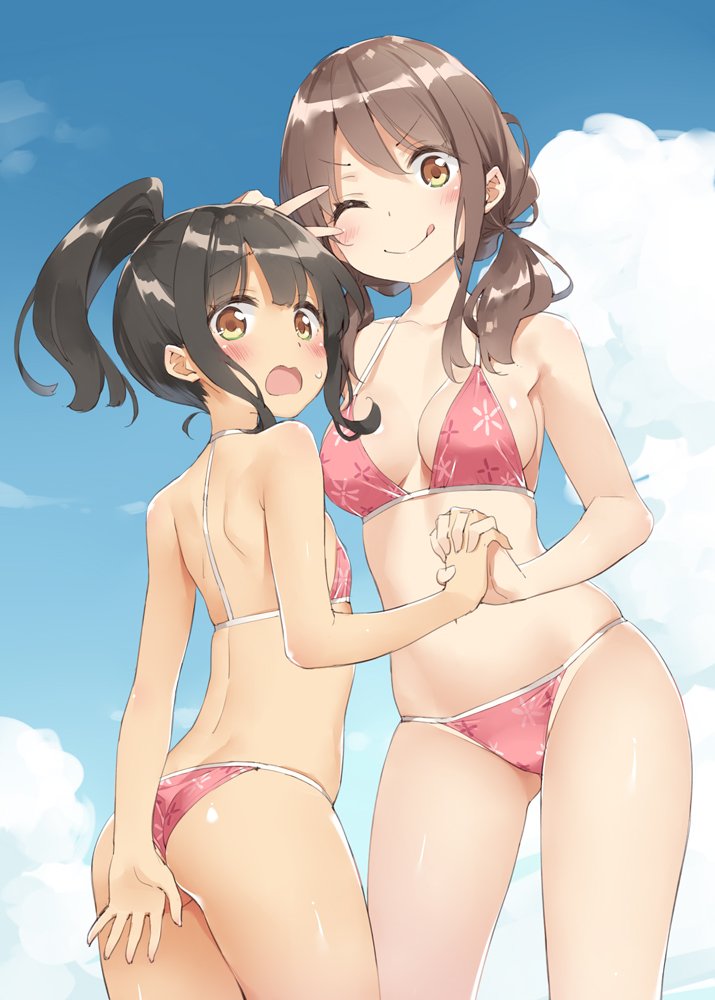 2girls ;q ass bikini black_hair blue_sky blush breasts brown_eyes cleavage_cutout clouds commentary_request contrapposto covering covering_ass cowboy_shot day flat_chest gluteal_fold halterneck hand_holding harukana_receive higa_kanata high_ponytail interlocked_fingers long_hair looking_at_viewer looking_back low_twintails medium_breasts multiple_girls navel one_eye_closed oozora_haruka_(harukana_receive) outdoors peko pink_bikini sidelocks sky swimsuit tongue tongue_out twintails v-shaped_eyebrows