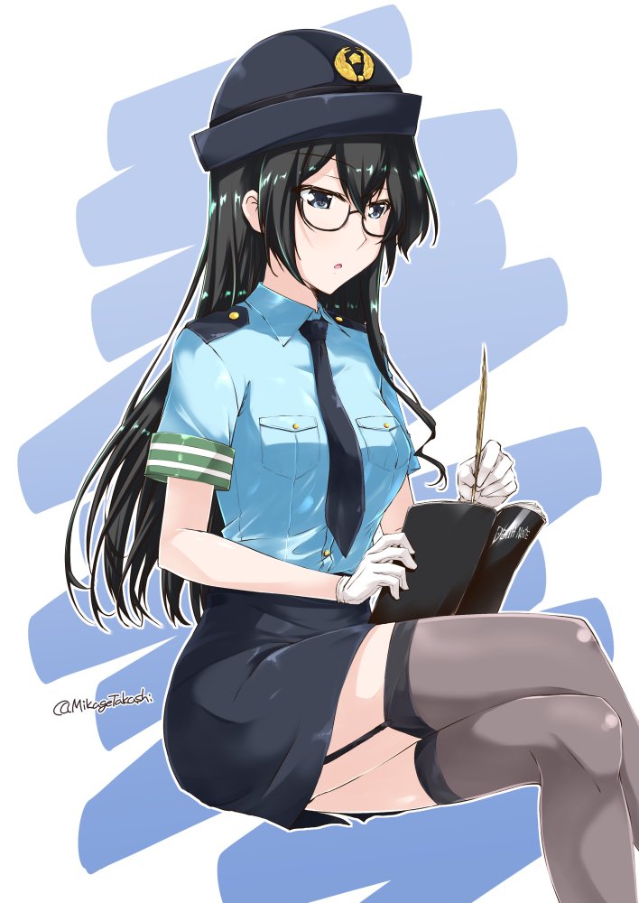 1girl alternate_costume black-framed_eyewear black_hair black_legwear blue_eyes death_note death_note_(object) garter_straps gloves hat kantai_collection legs_crossed long_hair mikage_takashi necktie ooyodo_(kantai_collection) open_mouth pen police police_hat police_uniform policewoman solo thigh-highs uniform white_gloves