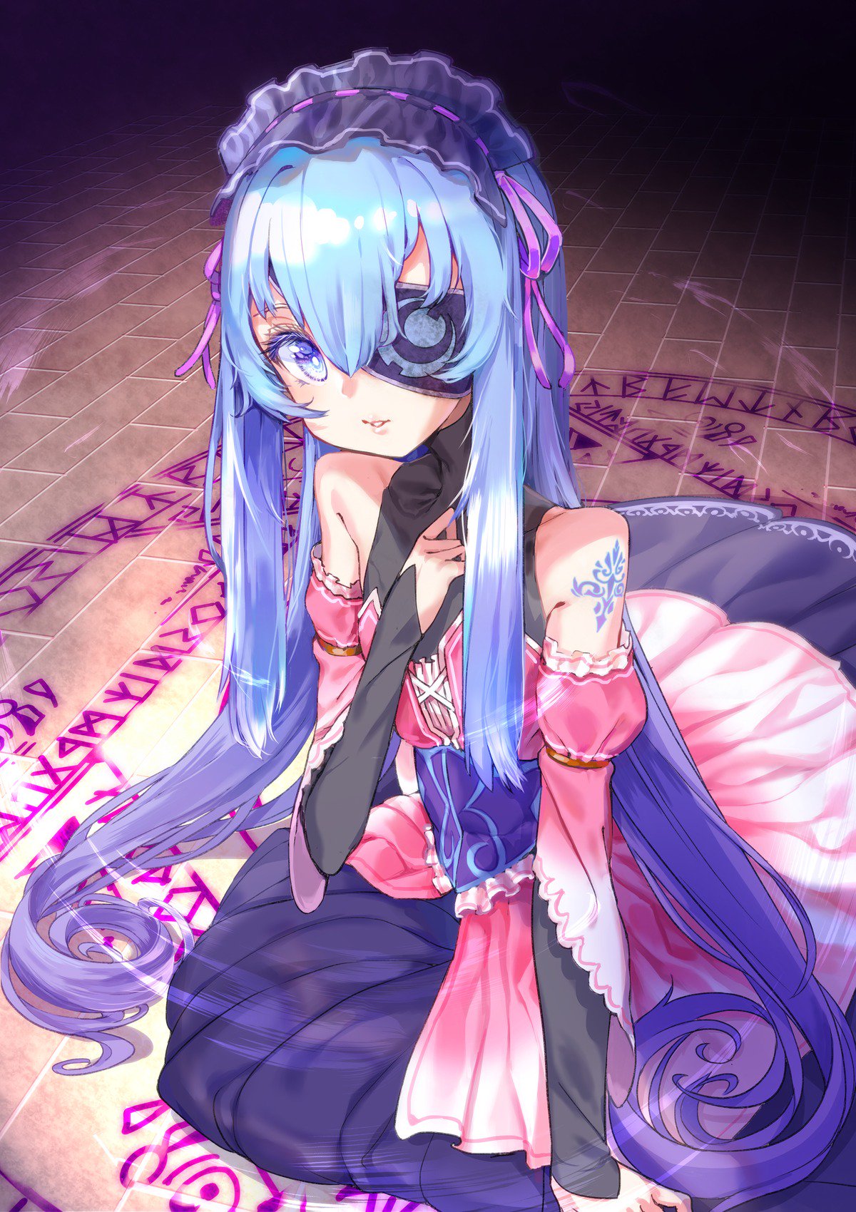 1girl bangs bare_shoulders blue_eyes blue_hair bright_pupils commentary_request detached_sleeves dress eyepatch gradient_hair hair_between_eyes hair_ribbon hairband hand_on_own_chest hand_up highres kawasumi_(tk2k_jade) long_hair long_sleeves looking_at_viewer multicolored multicolored_eyes multicolored_hair one_eye_covered parted_lips purple_dress purple_hair purple_ribbon ribbon shoulder_tattoo sitting solo tattoo very_long_hair violet_eyes viprpg