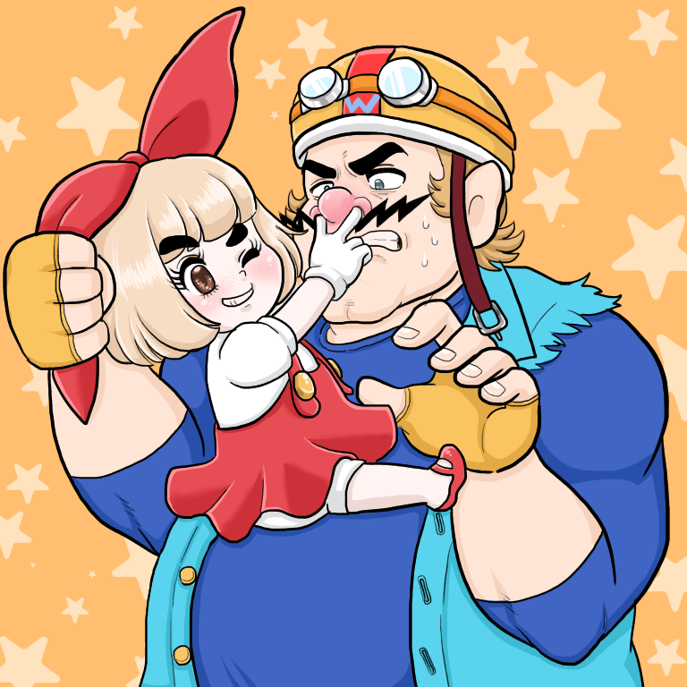 1boy 1girl age_difference bangs blunt_bangs bow brown_eyes brown_hair child eyelashes facial_hair fighting fingerless_gloves gloves grin hair_bow helmet in_nose looking_at_another lulu_(warioware) mustache nose one_eye_closed parted_lips short_hair smile sweat thick_eyebrows wario warioware
