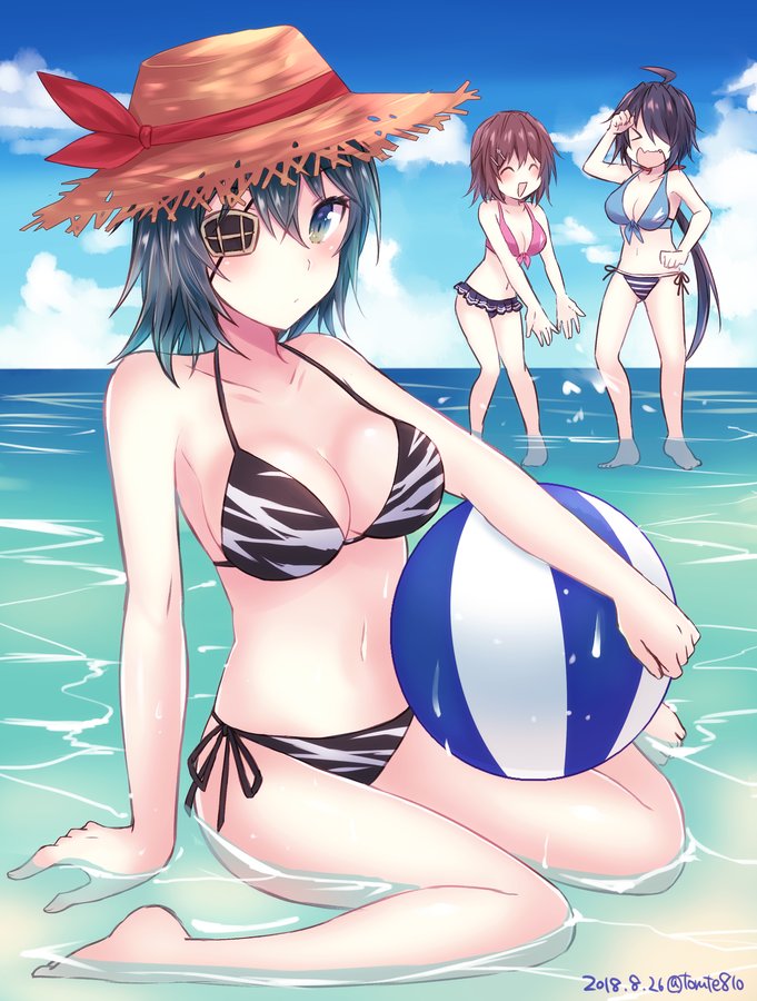 3girls ball barefoot beachball bikini black_bikini black_hair blue_sky brown_hair closed_eyes clouds dated day eyepatch furutaka_(kantai_collection) green_eyes green_hair hair_over_one_eye hat kabocha_torute kako_(kantai_collection) kantai_collection kiso_(kantai_collection) long_hair looking_at_viewer multiple_girls outdoors partially_submerged short_hair side-tie_bikini sitting sky solo_focus straw_hat striped striped_bikini sun_hat swimsuit twitter_username wariza