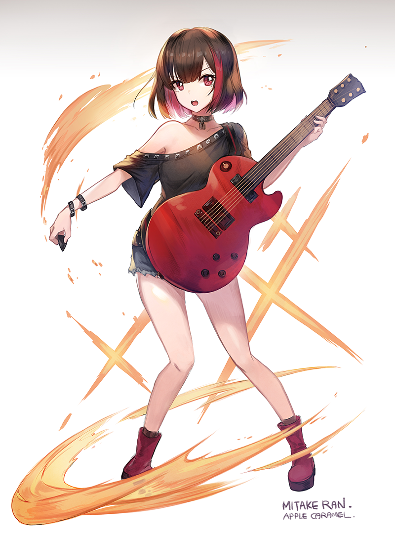 1girl :o apple_caramel artist_name bang_dream! bangs bare_shoulders black_hair black_legwear black_shirt blue_shorts boots character_name collarbone commentary_request eyebrows_visible_through_hair gradient gradient_background grey_background guitar holding holding_instrument instrument looking_at_viewer mitake_ran multicolored_hair off_shoulder open_mouth plectrum red_eyes red_footwear redhead revision shirt short_hair short_shorts shorts socks solo standing streaked_hair upper_teeth white_background