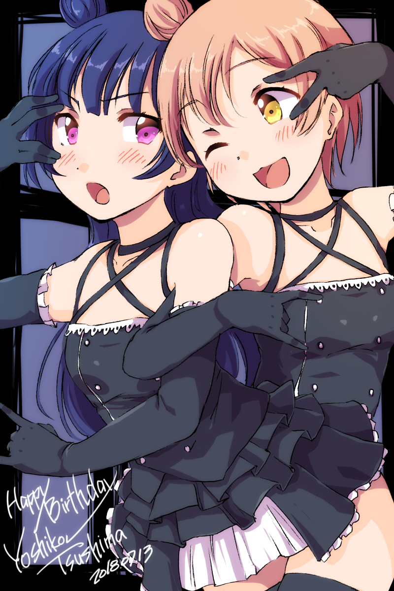 2girls :3 ;d \m/ alternate_hairstyle bangs black_choker black_dress black_gloves blue_hair character_name choker collarbone criss-cross_halter dated double-breasted dress elbow_gloves eyebrows_visible_through_hair gloves halterneck happy_birthday highres hoshizora_rin locked_arms long_hair looking_at_another love_live! love_live!_school_idol_project love_live!_sunshine!! multiple_girls one_eye_closed open_mouth orange_hair sen_(sen0910) short_hair side_bun smile tsushima_yoshiko v_over_eye yellow_eyes