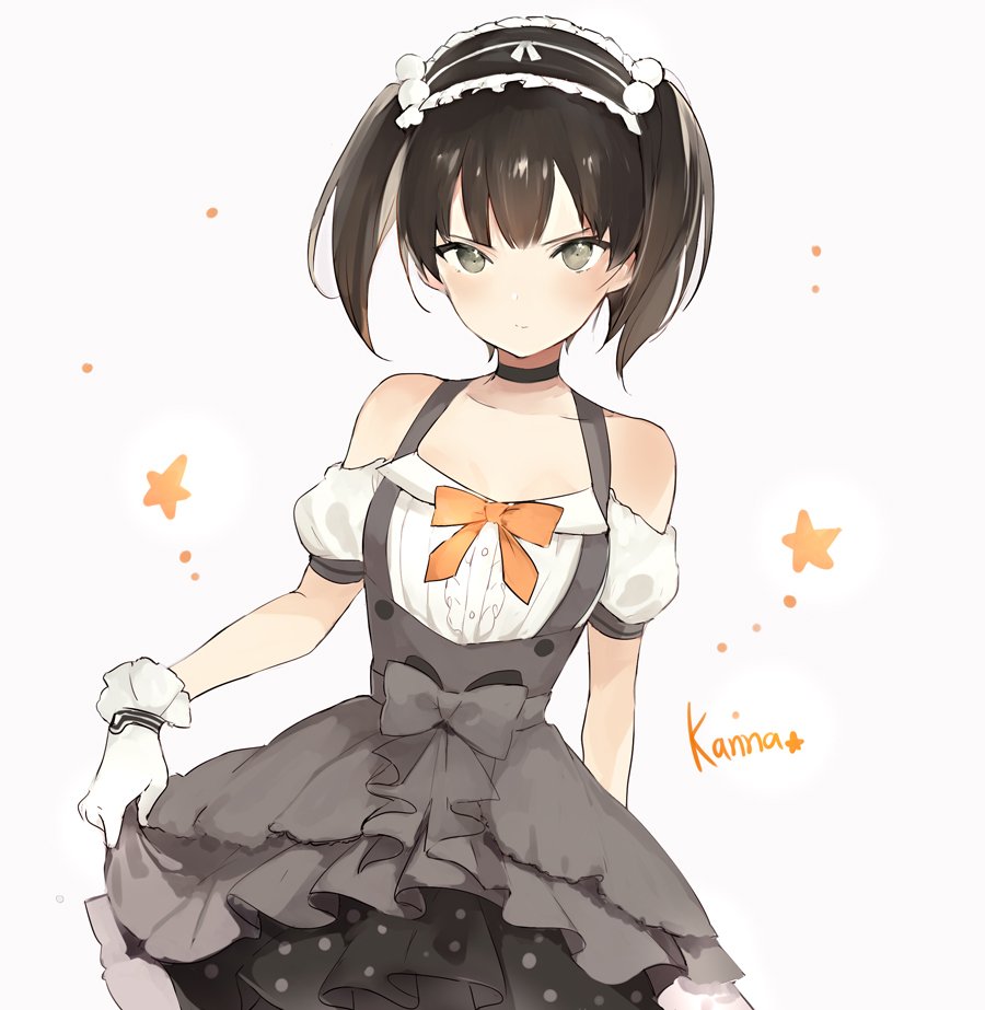 1girl bare_shoulders black_hair black_neckwear blush bow bowtie character_name closed_mouth commentary_request gloves grey_background grey_eyes grey_skirt hairband high-waist_skirt kanna_(kanna_channel) kanna_channel looking_at_viewer lpip orange_neckwear skirt skirt_hold solo standing suspender_skirt suspenders twintails upper_body virtual_youtuber white_gloves