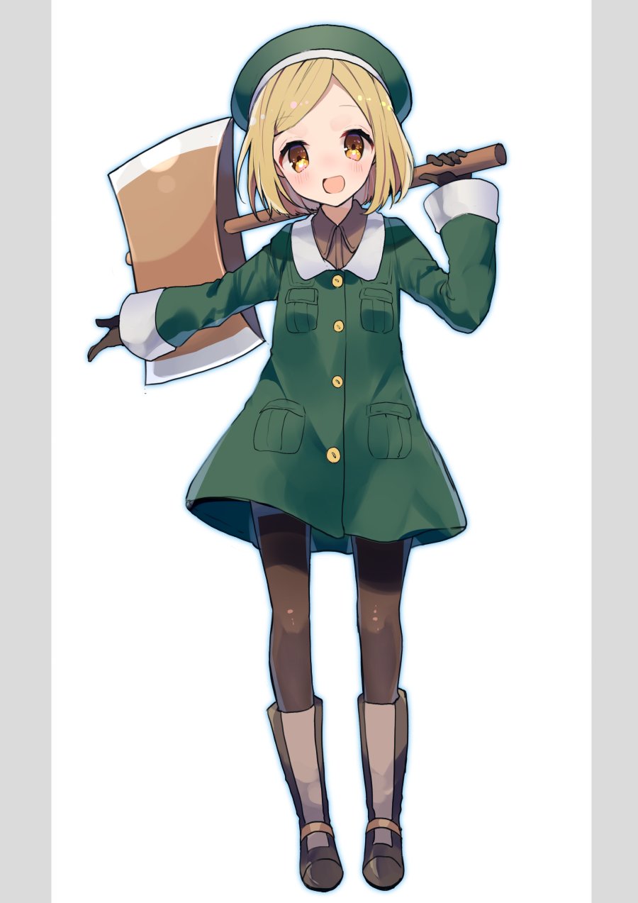 1girl :d axe blonde_hair brown_eyes brown_footwear brown_gloves brown_legwear buttons commentary_request fate/grand_order fate_(series) full_body gloves green_coat green_hat hand_up hat highres holding ikeuchi_tanuma long_sleeves looking_at_viewer open_mouth over_shoulder pantyhose paul_bunyan_(fate/grand_order) pocket shoes short_hair simple_background smile solo standing weapon weapon_over_shoulder white_background