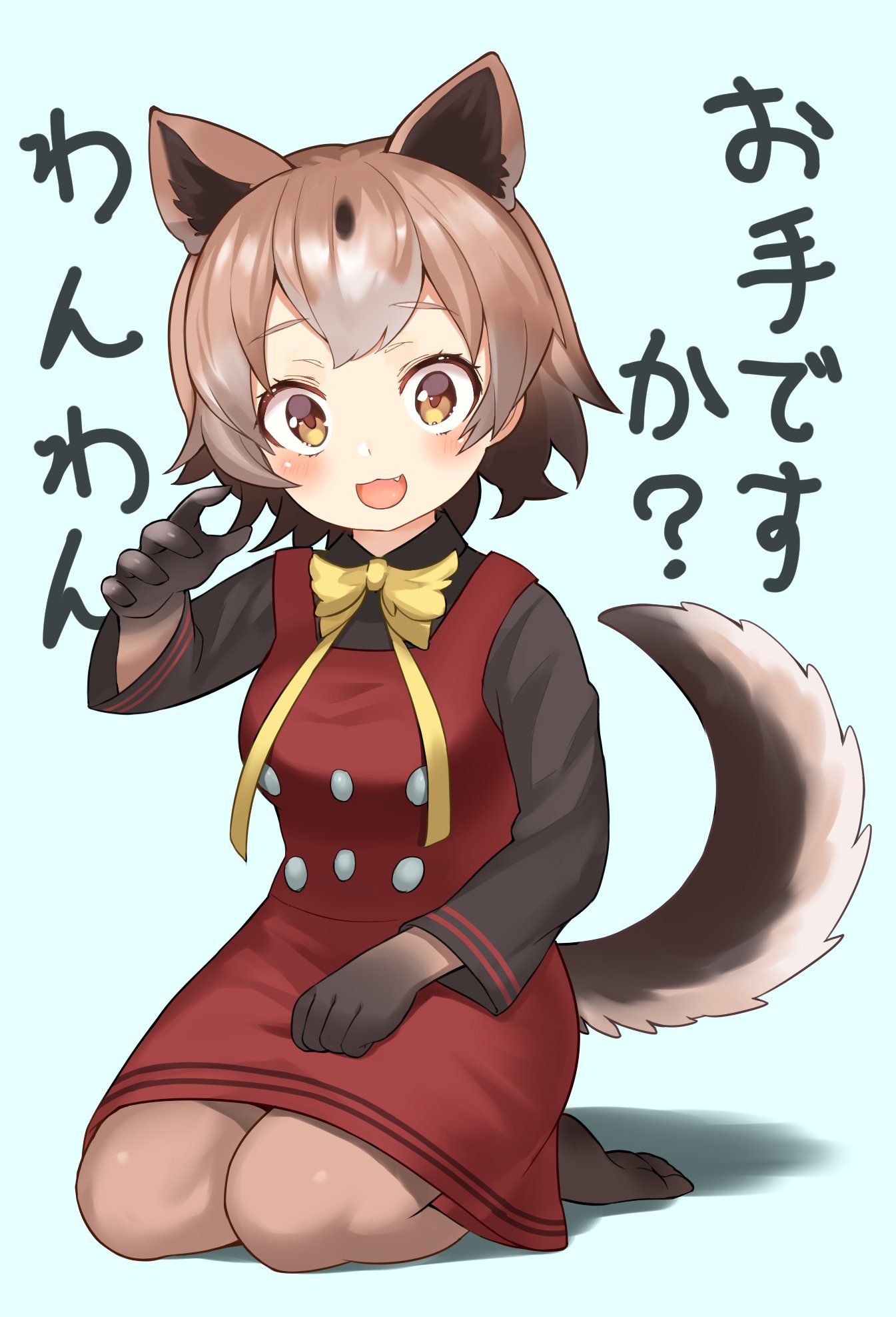 1girl :3 animal_ears black_hair blush bow bowtie brown_hair buttons choir_(artist) collared_shirt commentary_request dog_ears dog_tail dress elbow_gloves eyebrows_visible_through_hair fang full_body gloves highres kemono_friends long_sleeves multicolored_hair neck_ribbon new_guinea_highland_wild_dog_(kemono_friends) no_shoes open_mouth pantyhose ribbon seiza shirt short_hair sitting solo t-shirt tail translated