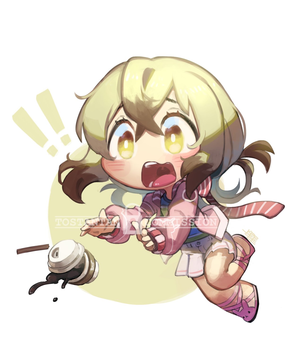!! 1girl blonde_hair bright_pupils chibi commentary d: english_commentary falling full_body highres jacket long_sleeves open_clothes open_jacket open_mouth original pink_jacket pleated_skirt sandals scarf shirt skirt solo spill tostantan watermark white_skirt yellow_eyes