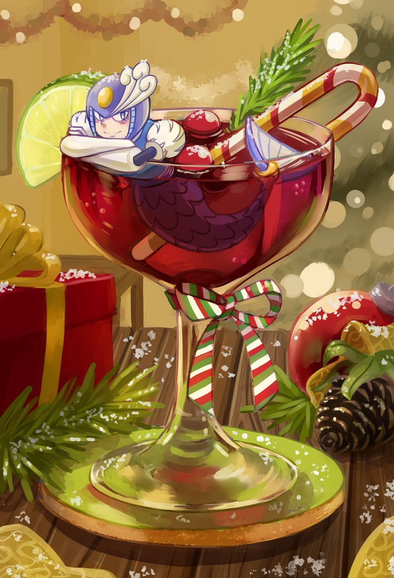 1girl android blue_eyes box candy candy_cane capcom cherry christmas cocktail cocktail_glass crossed_arms cup drink drinking_glass elbow_gloves food fruit gift gift_box glass gloves helmet looking_at_viewer mermaid monster_girl on_table partially_submerged ribbon robot rockman rockman_(classic) rockman_9 smile solo splash_woman table tentokki wooden_table