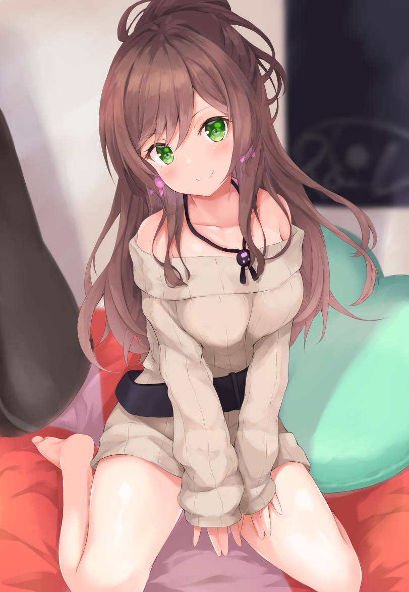 1girl bang_dream! bangs bare_legs bare_shoulders barefoot bed belt between_legs blurry blush breasts brown_hair dress earrings floating_hair green_eyes hair_between_eyes head_tilt heart heart_pillow indoors jewelry kurai_masaru long_hair long_sleeves looking_at_viewer on_bed pillow ponytail sitting sleeves_past_fingers sleeves_past_wrists smile solo striped striped_dress sweater sweater_vest