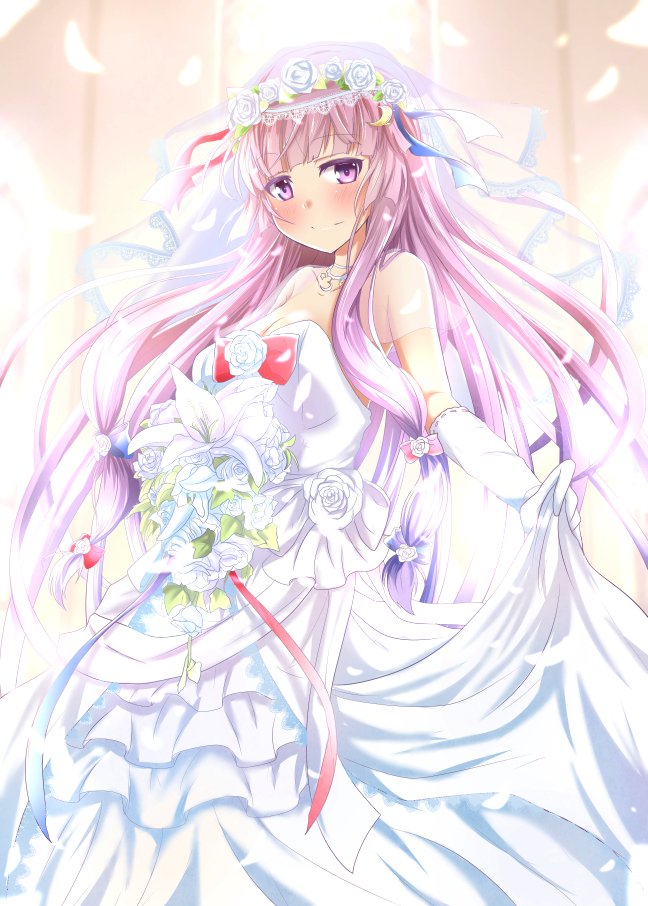 1girl blush bouquet breasts bridal_veil cleavage commentary_request crescent crescent_hair_ornament dress flower gloves hair_ornament hair_ribbon long_hair looking_at_viewer patchouli_knowledge purple_hair ram_hachimin ribbon solo strapless strapless_dress touhou tress_ribbon veil violet_eyes wedding_dress white_dress white_gloves