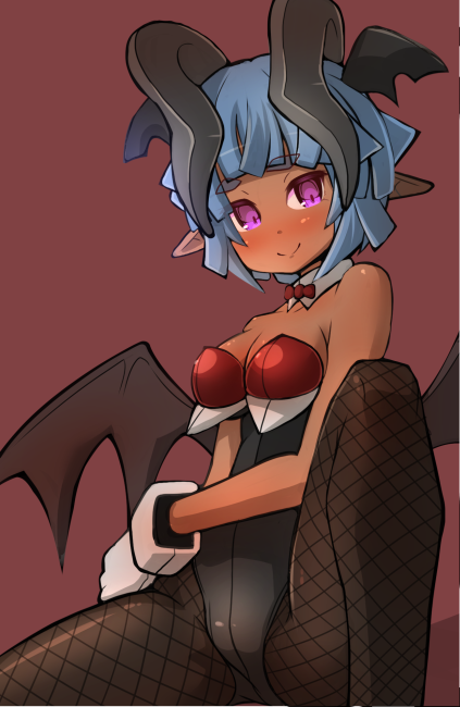 1girl bangs bare_arms bare_shoulders black_horns black_legwear black_leotard black_wings blunt_bangs blunt_ends blush bow bowtie breasts cleavage closed_mouth commentary_request crotch_seam dark_skin demon_girl demon_horns demon_wings detached_collar dot_nose eyebrows_visible_through_hair eyelashes fishnet_pantyhose fishnets garoudo_(kadouhan'i) gloves groin hand_on_hip head_wings highleg highleg_leotard horns knee_up leotard light_blue_hair looking_at_viewer medium_breasts multiple_wings original oversized_breast_cup pantyhose petite pointy_ears red_background red_neckwear short_hair sideboob simple_background sitting slit_pupils smile solo succubus thick_eyebrows violet_eyes white_gloves wing_collar wings