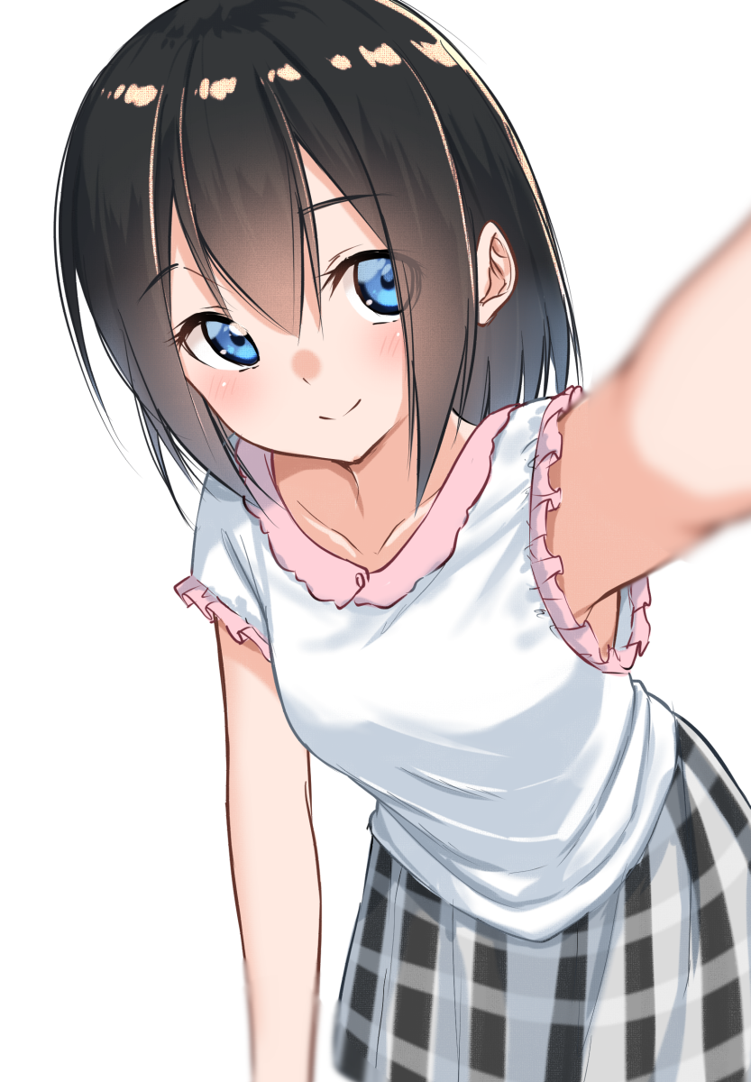 1girl bangs black_hair blue_eyes blurry blurry_foreground blush breasts closed_mouth collarbone commentary_request depth_of_field eyebrows_visible_through_hair grey_skirt hair_between_eyes highres leaning_forward looking_at_viewer original outstretched_arm plaid plaid_skirt reaching_out shirt simple_background skirt sleeveless sleeveless_shirt small_breasts smile solo suzunari_shizuku white_background white_shirt yuki_arare