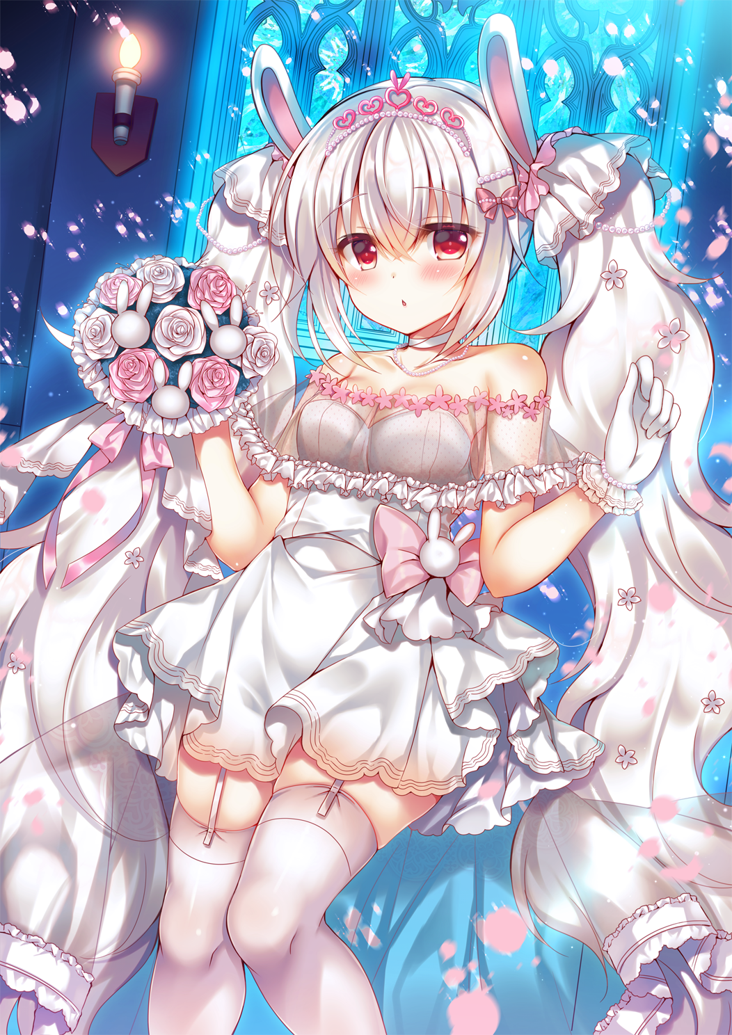 1girl azur_lane bangs bare_shoulders blush bouquet bow bracelet breasts collarbone commentary_request dress eyebrows_visible_through_hair fire flower frills garter_straps gloves hair_between_eyes hair_flower hair_ornament heart highres holding holding_bouquet indoors jewelry laffey_(azur_lane) long_hair looking_at_viewer parted_lips pearl_bracelet pink_bow pink_flower pink_rose red_eyes rose see-through silver_hair small_breasts solo strapless strapless_dress suzune_rena thigh-highs tiara torch twintails very_long_hair white_dress white_flower white_gloves white_legwear white_rose window