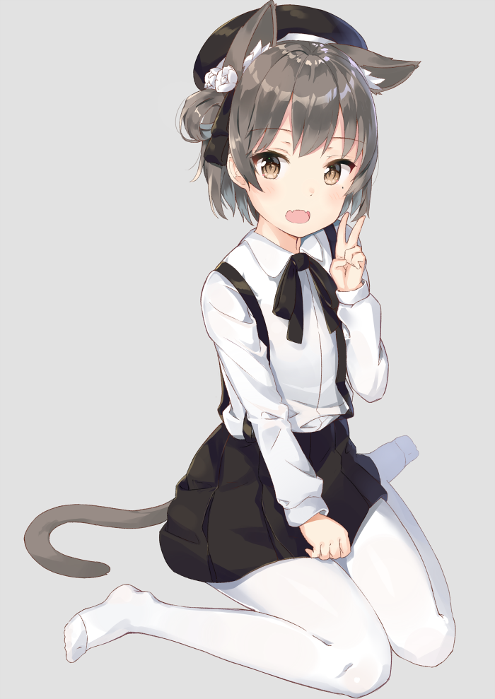 1girl :d animal_ears bangs beret black_hat black_neckwear black_ribbon black_skirt blush brown_eyes brown_hair cat_ears cat_tail collared_shirt eyebrows_visible_through_hair fangs flower full_body grey_background hair_flower hair_ornament hair_rings hand_on_lap hand_up hat hatoba_tsugu hatoba_tsugu_(character) kemonomimi_mode long_sleeves looking_at_viewer mole mole_under_eye neck_ribbon no_shoes noboru_(kamine204136) open_mouth pantyhose ribbon shiny shiny_hair shirt short_hair simple_background sitting skirt smile solo suspender_skirt suspenders tail v wariza white_flower white_legwear white_shirt