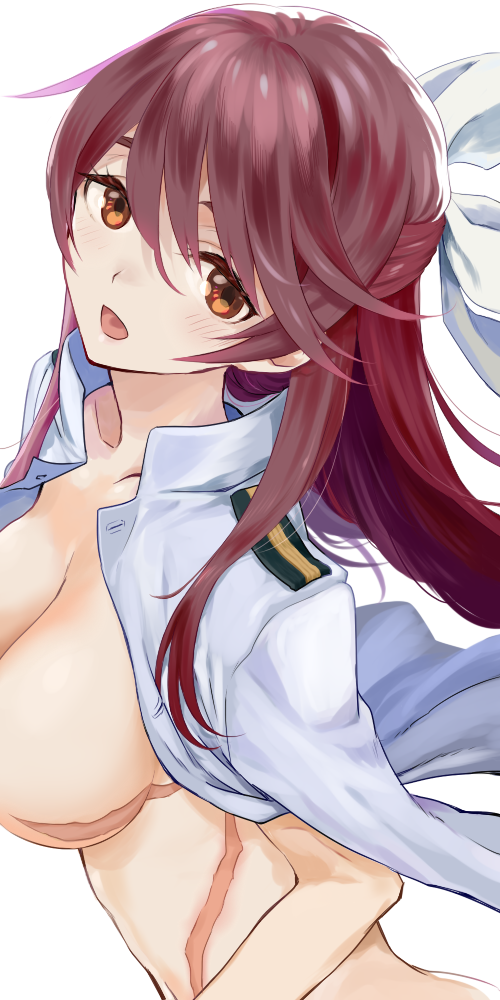 1girl brave_witches brown_eyes brown_hair commentary_request homare_(homaredai) karibuchi_takami long_hair looking_at_viewer military military_uniform open_mouth ribbon scar simple_background smile solo uniform white_background white_ribbon world_witches_series