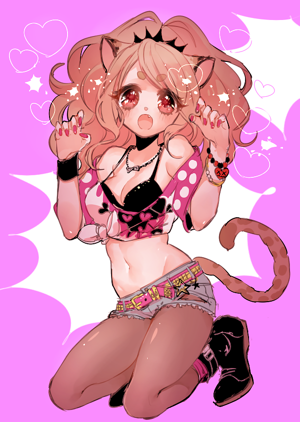 1girl animal_ears bare_shoulders belt big_hair black_bra black_footwear blush bra breasts brown_legwear chino_machiko claw_pose copyright_request fang grey_shorts hands_up jewelry kneeling large_breasts lion_ears lion_tail looking_at_viewer midriff nail_polish navel necklace open_mouth pantyhose ponytail red_eyes red_nails shoes short_shorts shorts solo tail underwear