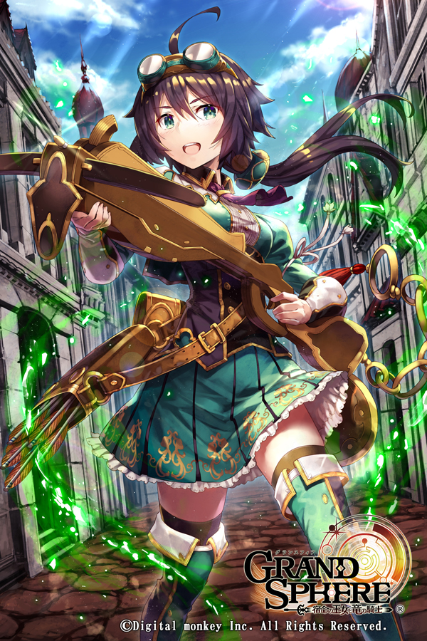 1girl :d ahoge ascot black_legwear blue_sky boots bow_(weapon) brown_hair clouds crossbow day floating_hair frilled_skirt frills gabiran goggles goggles_on_head grand_sphere green_eyes hair_between_eyes holding holding_weapon long_hair looking_at_viewer miniskirt official_art open_mouth outdoors pleated_skirt ponytail print_skirt purple_neckwear shiny shiny_hair skirt sky smile solo standing sunlight thigh-highs thigh_boots weapon zettai_ryouiki