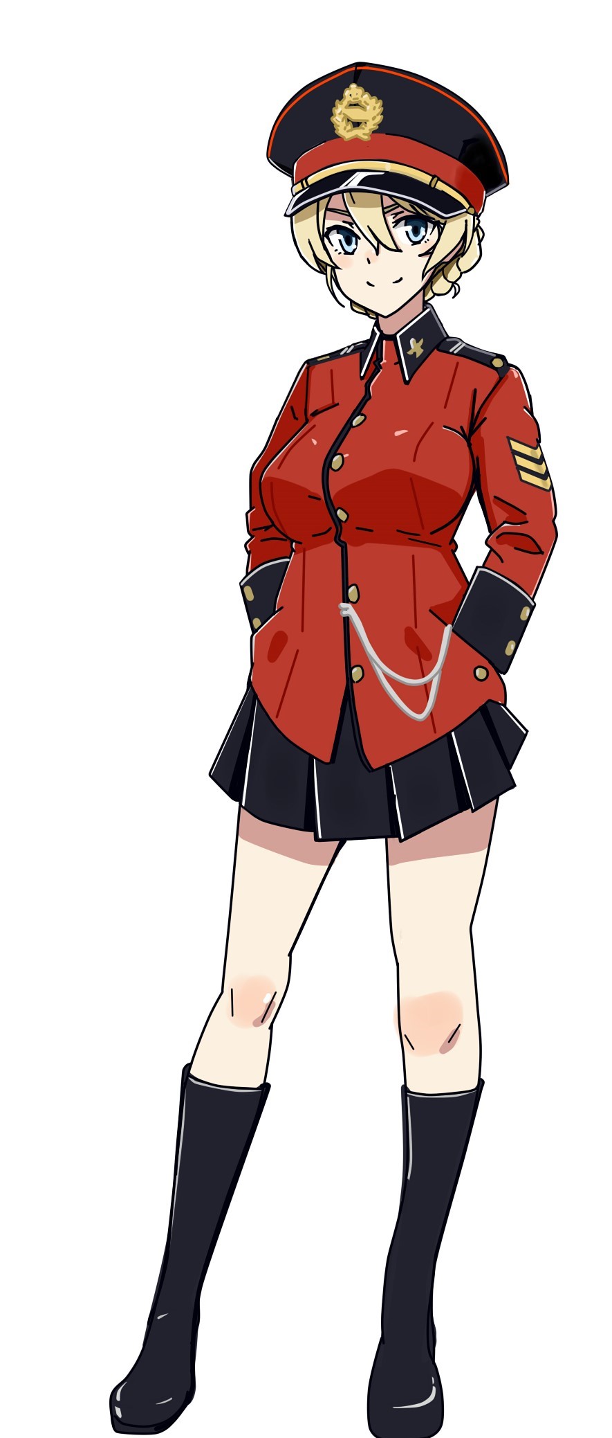 1girl bangs black_footwear black_hat black_skirt blonde_hair blue_eyes boots braid chevrons closed_mouth commentary_request darjeeling dress_uniform emblem epaulettes full_body girls_und_panzer hands_in_pockets hat highres jacket korean_commentary long_sleeves looking_at_viewer military military_hat military_uniform miniskirt partial_commentary peaked_cap perfect_han pleated_skirt red_jacket short_hair simple_background skirt smile solo st._gloriana's_military_uniform standing tied_hair twin_braids uniform v-shaped_eyebrows white_background