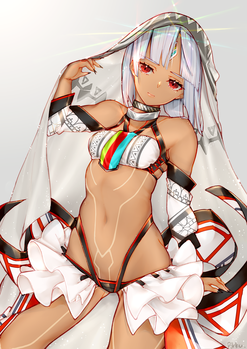 1girl altera_(fate) bangs bare_shoulders black_nails blunt_bangs breasts choker closed_mouth collarbone dark_skin detached_sleeves fate/extella fate/extra fate/grand_order fate_(series) gluteal_fold hand_up headdress jewelry midriff nail_polish narrow_waist navel pikkumyy red_eyes shiny shiny_hair short_hair showgirl_skirt simple_background skirt small_breasts solo tagme tattoo thighs upper_body veil white_background white_hair wide_hips