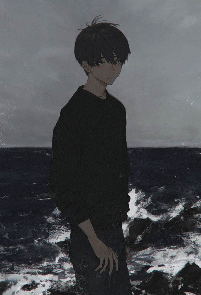 1boy belt black_eyes black_hair black_sweater blue_pants closed_mouth cowboy_shot denim from_side grey_sky hirota_tsuu jeans long_sleeves looking_at_viewer looking_to_the_side male_focus ocean original outdoors overcast pants solo standing sweater waves