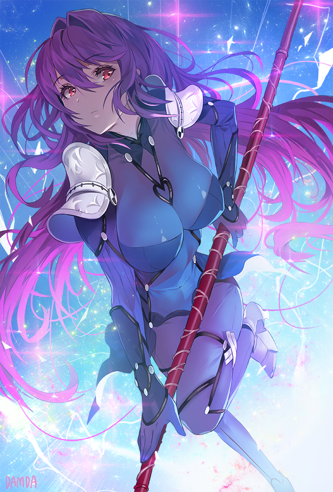 1girl bodysuit breasts damda fate/grand_order fate_(series) hair_intakes high_heels large_breasts long_hair polearm purple_hair red_eyes scathach_(fate)_(all) scathach_(fate/grand_order) shoulder_pads solo spear weapon