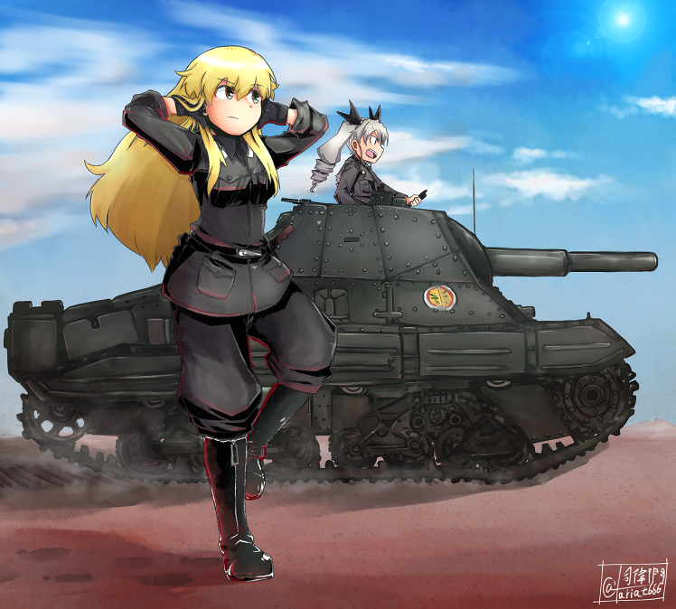 2girls anchovy anzio_(emblem) anzio_military_uniform blonde_hair breasts carpaccio carro_armato_p40 caterpillar_tracks clouds day emblem eyebrows_visible_through_hair girls_und_panzer green_eyes green_hair ground_vehicle long_hair military military_vehicle motor_vehicle multiple_girls open_mouth shirt sky sun sunlight tank tsukasa-emon twintails