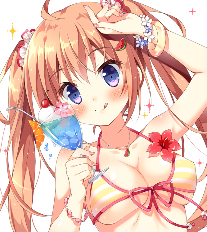 1girl :q ahoge bangle bangs bikini blush bracelet breasts cherry collarbone cup flower flower_bracelet food front-tie_bikini front-tie_top fruit hair_ornament hair_scrunchie halterneck hand_on_forehead haruka-chan_(pan_(mimi)) holding holding_cup ice jewelry long_hair looking_at_viewer medium_breasts nail_polish orange orange_hair orange_slice original pan_(mimi) pendant pink_flower pink_nails scrunchie sidelocks solo sparkle spoon striped swimsuit tongue tongue_out twintails upper_body violet_eyes yellow_bikini