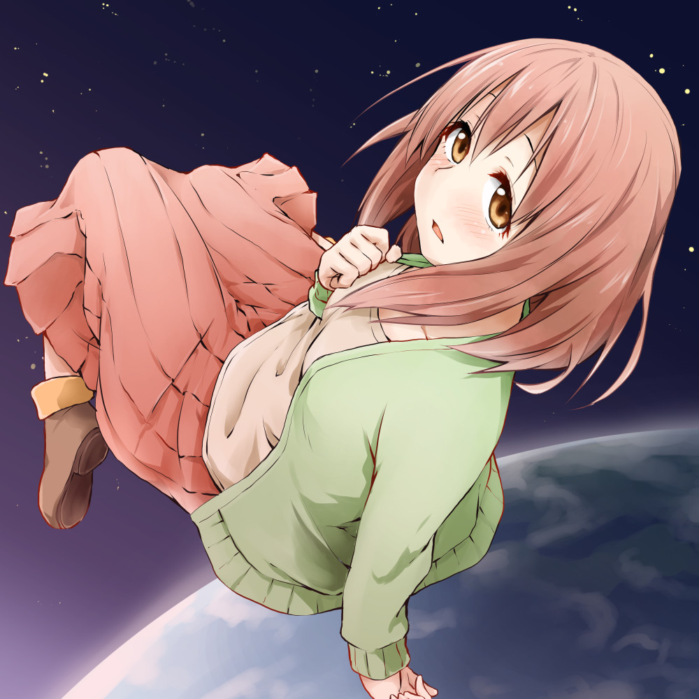 1girl brown_eyes brown_hair cardigan commentary_request earth kagiana kumashiro_harumi long_hair long_skirt planet_with skirt solo space star_(sky)