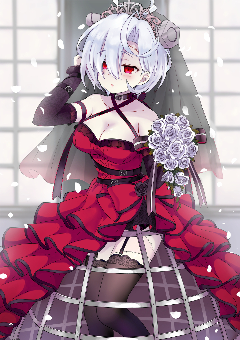 1girl arm_up azur_lane bangs bare_shoulders black_legwear blush bolt bouquet breasts bridal_veil cleavage collarbone commentary_request criss-cross_halter day detached_sleeves dress eyebrows_visible_through_hair flower garter_straps hair_over_one_eye hairband halterneck highres holding holding_bouquet hoop_skirt indoors isao_(wasamoti) layered_dress long_sleeves medium_breasts parted_lips petals pleated_dress red_dress rose see-through silver_hair solo standing stitches sunlight terror_(azur_lane) thigh-highs tiara veil white_flower white_rose window