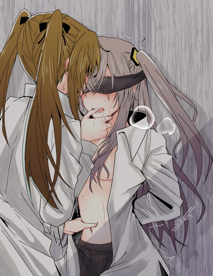 2girls arms_behind_back backless_dress backless_outfit black_skirt blindfold blonde_hair blush breasts brown_hair dress finger_in_another's_mouth girls_frontline grey_hair hand_on_another's_stomach long_hair monokuro_(sekahate) multiple_girls navel open_mouth restrained saliva siblings sisters skirt small_breasts sweat trembling twins twintails ump45_(girls_frontline) ump9_(girls_frontline) yuri
