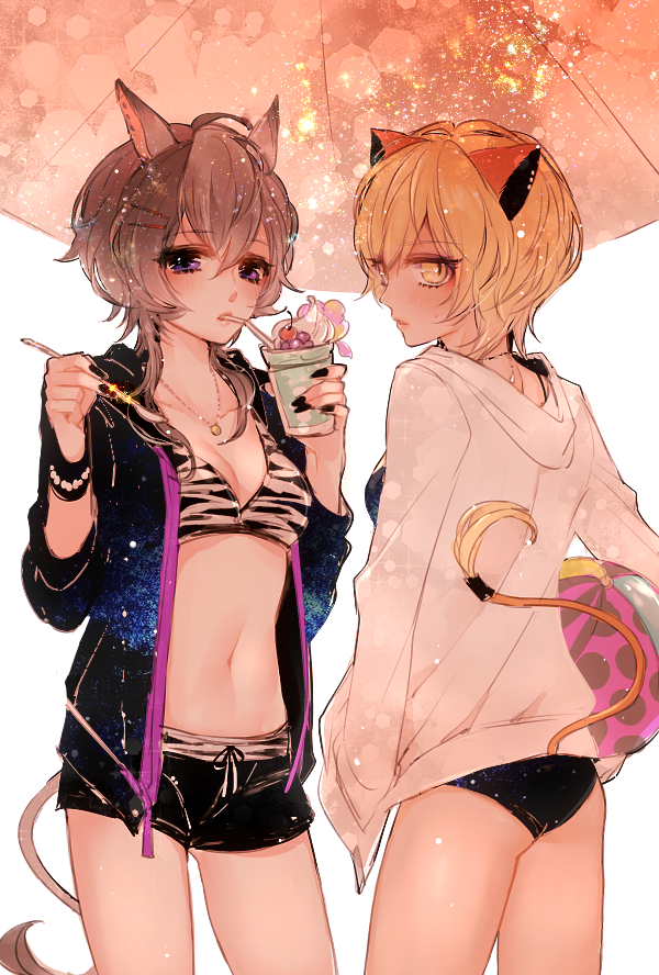 2girls animal_ears bikini black_bikini blonde_hair breasts brown_hair chino_machiko cleavage copyright_request cup drinking_glass food hair_ornament hairclip holding holding_cup hood hooded_jacket ice_cream ice_cream_spoon jacket jewelry long_sleeves looking_at_viewer looking_back medium_breasts multiple_girls necklace parasol short_hair simple_background slit_pupils spoon standing straw striped striped_bikini swimsuit tail umbrella violet_eyes white_background white_jacket yellow_eyes