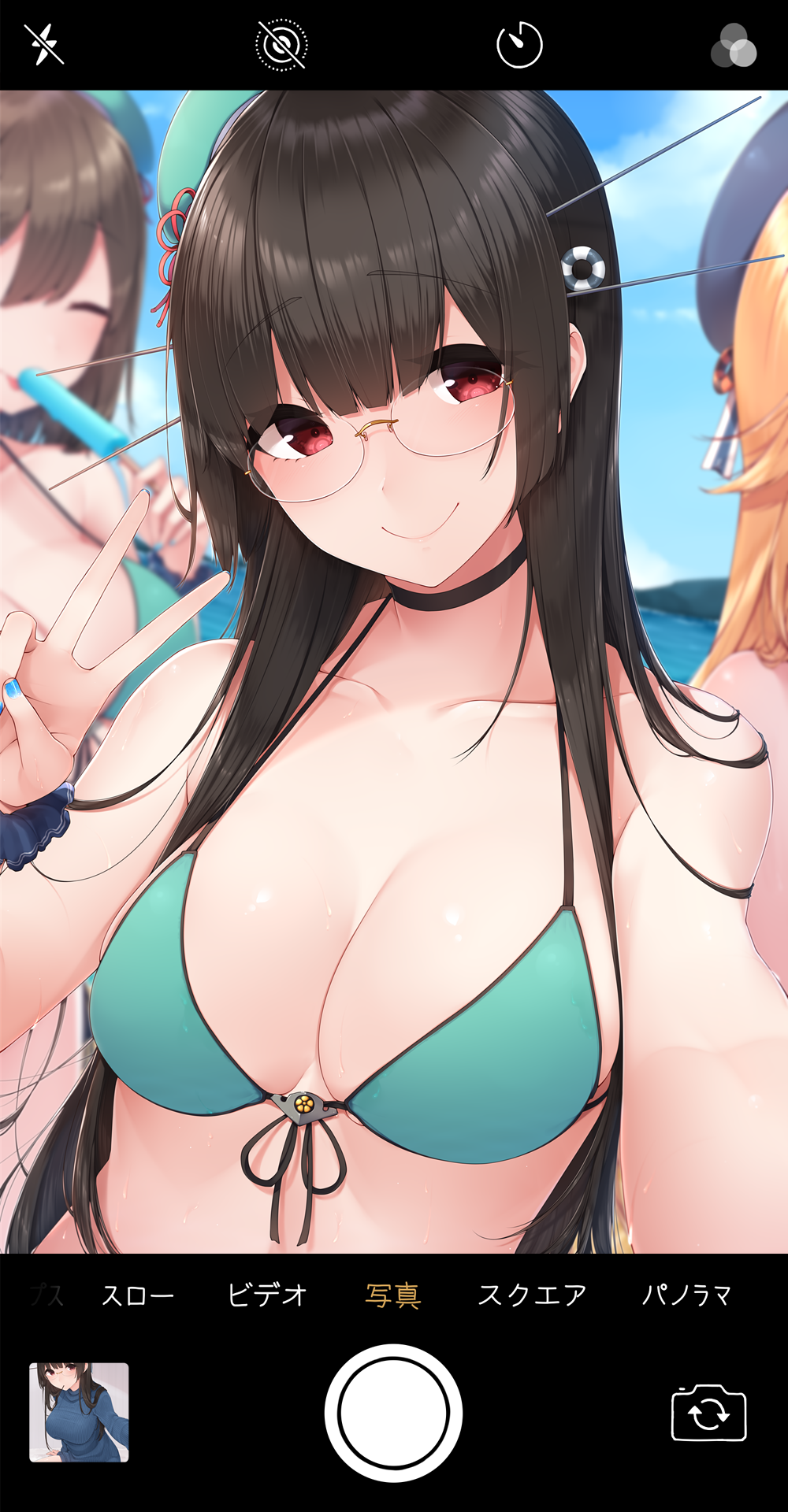 3girls adapted_costume arm_up atago_(kantai_collection) bangs bare_arms bare_shoulders beret bikini black_hair blonde_hair blue_hat blue_sweater blunt_bangs breasts brow brown_hair choker choukai_(kantai_collection) closed_mouth eyebrows_visible_through_hair glasses green_bikini hat headgear highres interface kantai_collection long_hair long_sleeves looking_at_viewer maya_(kantai_collection) medium_breasts multiple_girls peaked_cap red_eyes remodel_(kantai_collection) rimless_eyewear short_hair smile solo_focus straight_hair sweater swimsuit translated upper_body v very_long_hair yukichi_(sukiyaki39)