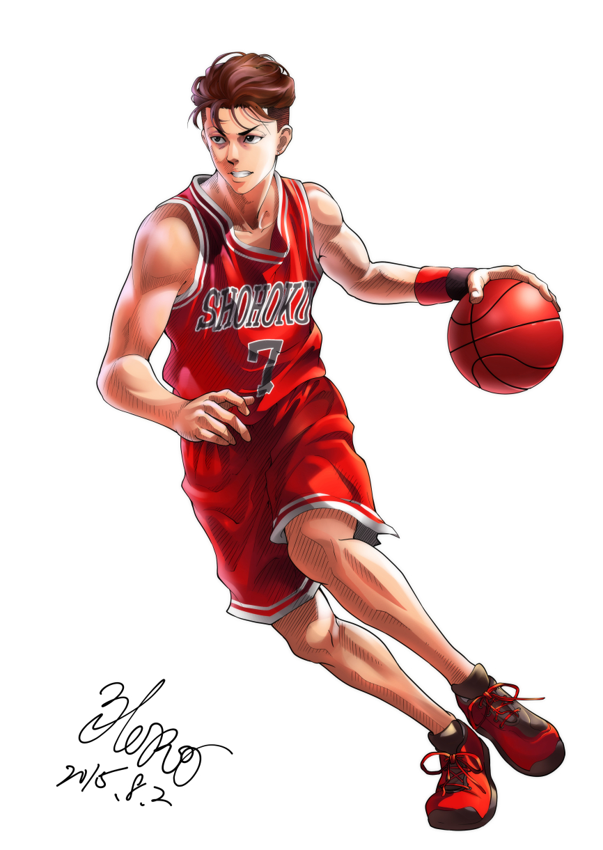 1boy basketball basketball_uniform brown_eyes brown_hair dated dribbling full_body highres male_focus miyagi_ryouta muscle parted_lips red_footwear red_shorts shoes shorts slam_dunk sneakers sportswear sweatband white_background wristband yukihiro_(kimizora)