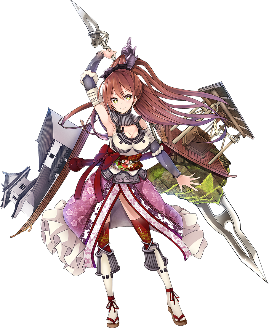 1girl architecture breasts brown_hair castle cleavage east_asian_architecture eyebrows_visible_through_hair full_body holding holding_spear holding_weapon iwamura_(oshiro_project) large_breasts looking_at_viewer official_art oshiro_project oshiro_project_re polearm ponytail red_legwear sandals solo spear taicho128 thigh-highs transparent_background weapon yellow_eyes