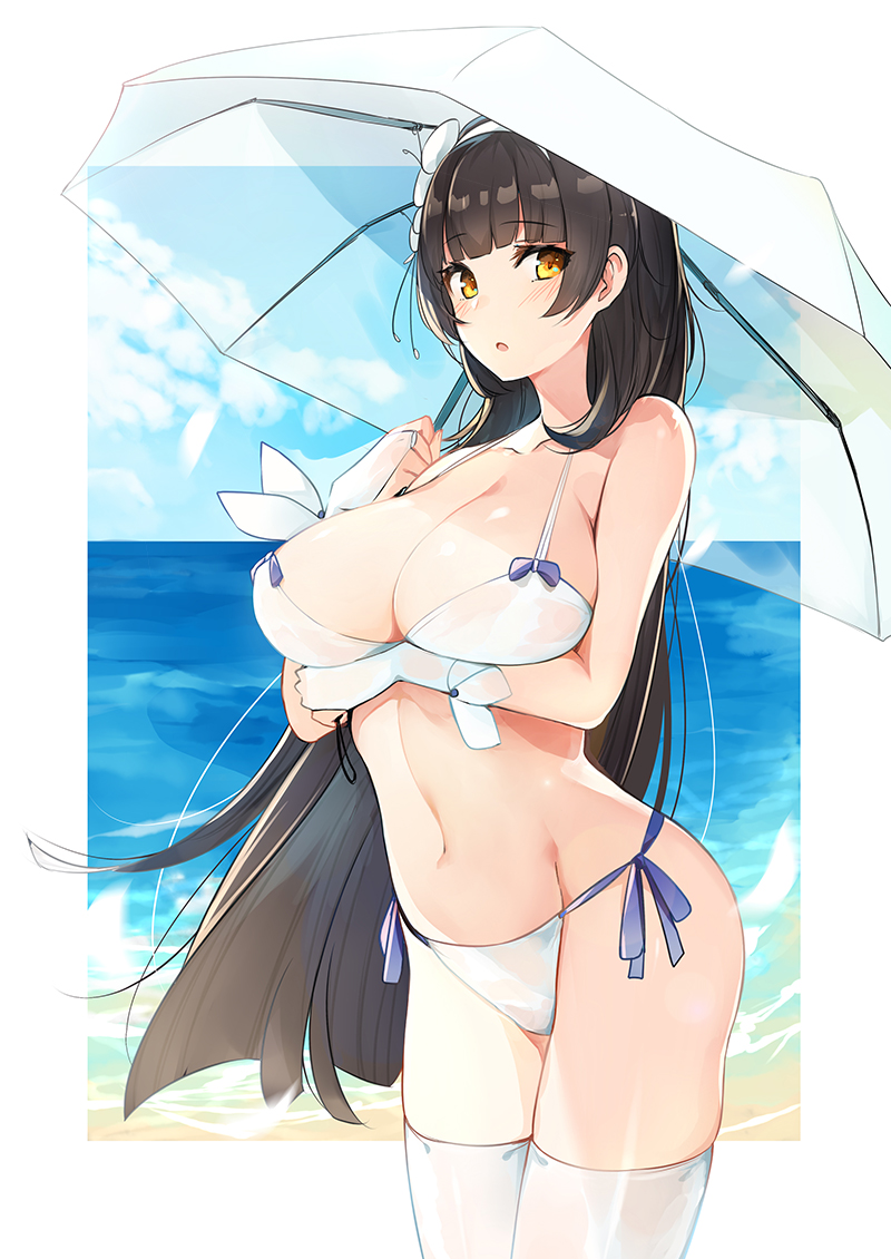 1girl bangs bare_shoulders bikini black_hair blue_sky blunt_bangs blush breast_hold breasts bridal_gauntlets collarbone flower girls_frontline hair_flower hair_ornament hairband hips large_breasts long_hair looking_at_viewer luse_maonang navel ocean open_mouth qbz-95_(girls_frontline) ribbon sky solo swimsuit thigh-highs thighs umbrella waist white_bikini white_hairband white_legwear wrist_ribbon yellow_eyes