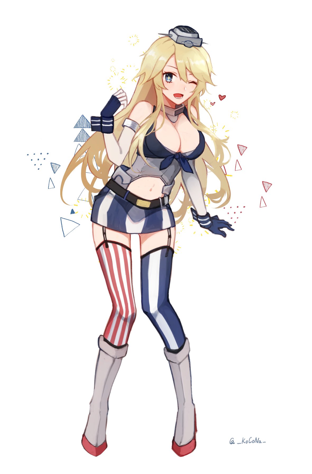 1girl american_flag american_flag_legwear bangs black_gloves blonde_hair blue_eyes blush breasts cleavage clothes_writing detached_sleeves elbow_gloves front-tie_top garter_straps gloves hair_between_eyes heart highres iowa_(kantai_collection) kantai_collection kocona large_breasts long_hair looking_at_viewer miniskirt mismatched_legwear navel one_eye_closed open_mouth simple_background skirt smile solo star star_in_eye striped striped_legwear symbol_in_eye thigh-highs tongue tongue_out underwear vertical-striped_legwear vertical-striped_skirt vertical_stripes white_background wrist_cuffs