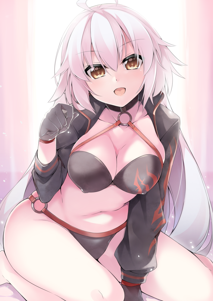 1girl :d ahoge bangs bare_legs barefoot bikini black_bikini black_choker black_gloves black_jacket blush brown_eyes choker collarbone commentary_request eyebrows_visible_through_hair fate/grand_order fate_(series) gloves hair_between_eyes head_tilt jacket jeanne_d'arc_(alter_swimsuit_berserker) jeanne_d'arc_(fate)_(all) long_hair long_sleeves navel o-ring o-ring_bikini o-ring_top open_mouth sasakura seiza silver_hair sitting smile solo swimsuit very_long_hair