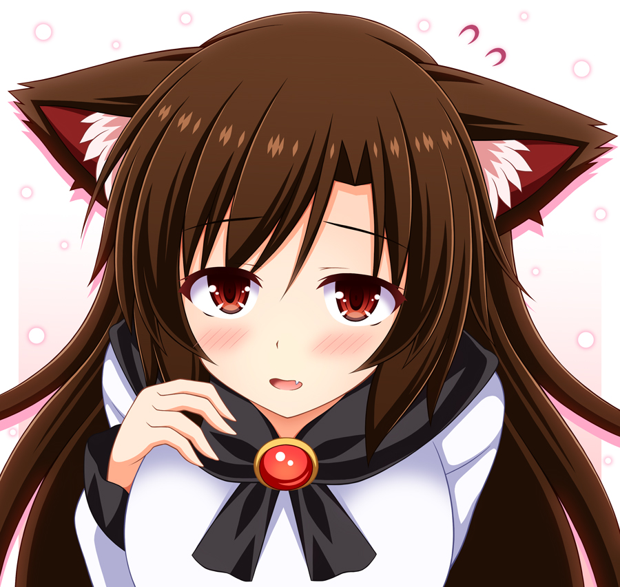 1girl animal_ear_fluff animal_ears bangs blush border breasts brooch brown_hair commentary_request dress eyebrows_visible_through_hair fang flying_sweatdrops gradient gradient_background hair_between_eyes hand_up imaizumi_kagerou jewelry large_breasts long_hair long_sleeves looking_at_viewer nagana_sayui open_mouth outside_border pink_background red_eyes revision silhouette solo touhou upper_body white_background white_border white_dress wolf_ears