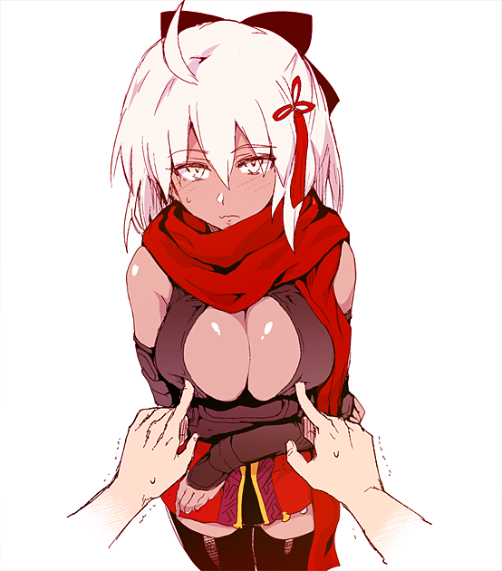 1girl arm_guards arms_under_breasts bow breasts cleavage cleavage_cutout dark_skin fate/grand_order fate_(series) hair_bow higata_akatsuki large_breasts looking_at_viewer okita_souji_(alter)_(fate) okita_souji_(fate)_(all) red_scarf scarf white_hair