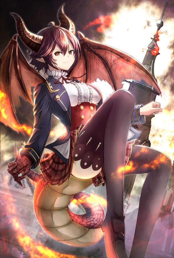 1girl asymmetrical_arms black_legwear blouse breasts commentary_request corset dragon_girl dragon_horns dragon_tail dragon_wings fire flying granblue_fantasy grea_(shingeki_no_bahamut) horns jacket looking_at_viewer marusan medium_breasts miniskirt open_clothes open_jacket plaid plaid_skirt pointy_ears purple_hair red_eyes red_neckwear red_ribbon ribbon scales short_hair skirt solo tail thigh-highs tower white_blouse wings