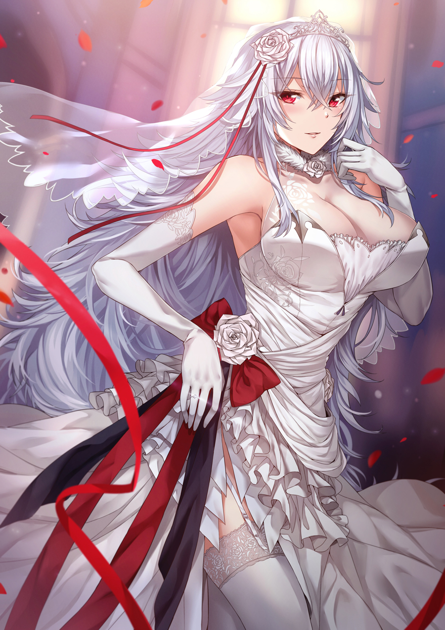 1girl alternate_costume armpits azur_lane bangs blurry blurry_background blush breasts bridal_veil bride church cleavage cowboy_shot dress elbow_gloves eyebrows_visible_through_hair floating_hair flower garter_straps gloves graf_zeppelin_(azur_lane) hair_between_eyes highres jewelry lace lace-trimmed_thighhighs large_breasts light_particles long_hair looking_at_viewer luzi messy_hair parted_lips petals red_eyes ring rose sidelocks silver_hair smile thigh-highs thighs tiara transparent veil wedding_dress wedding_ring white_dress white_flower white_gloves white_legwear white_rose