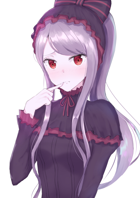 1girl bangs black_bow black_dress blush bow breasts closed_mouth dress eyebrows_visible_through_hair fang fang_out finger_to_mouth fingernails hair_bow index_finger_raised kubong long_hair long_sleeves looking_at_viewer overlord_(maruyama) red_eyes shalltear_bloodfallen silver_hair simple_background small_breasts solo striped striped_bow upper_body very_long_hair white_background