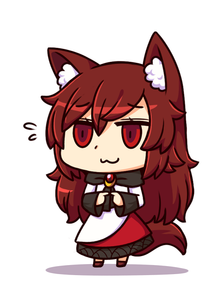 1girl :3 animal_ears bangs brooch brown_footwear brown_hair chibi commentary dress english_commentary eyebrows_visible_through_hair fate/grand_order fingers_together flying_sweatdrops full_body hair_between_eyes imaizumi_kagerou jewelry long_hair long_sleeves looking_at_viewer red_eyes riyo_(lyomsnpmp)_(style) shadow shoes simple_background smile solo standing tail touhou very_long_hair white_background white_dress wide_sleeves wolf_ears wolf_tail wool_(miwol)